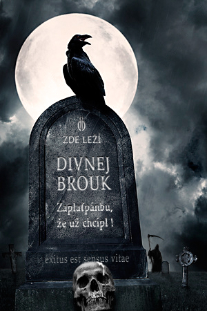 Divnej Brouk – náhrobní kámen, havran, měsíc, smrtka v kápi s kosou, hřbitov, hrob, lebka, noc, noir, Exitus est sensus vitae